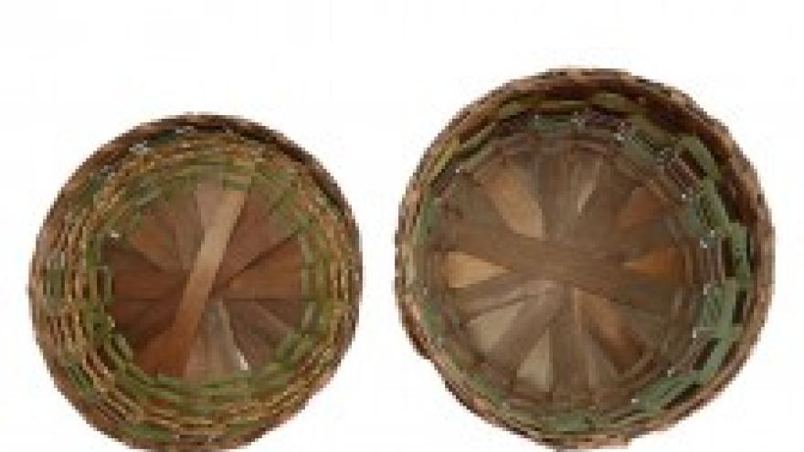 Two woven baskets, one larger than the other, with brown and green accents.