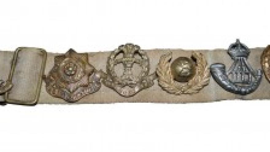 Military badges on a beige belt, various designs and colors.