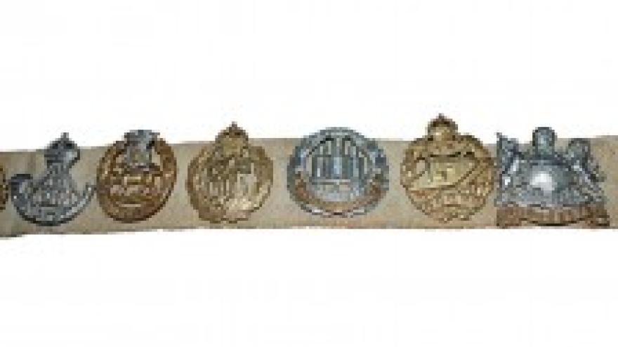 Row of six different decorative military badges.