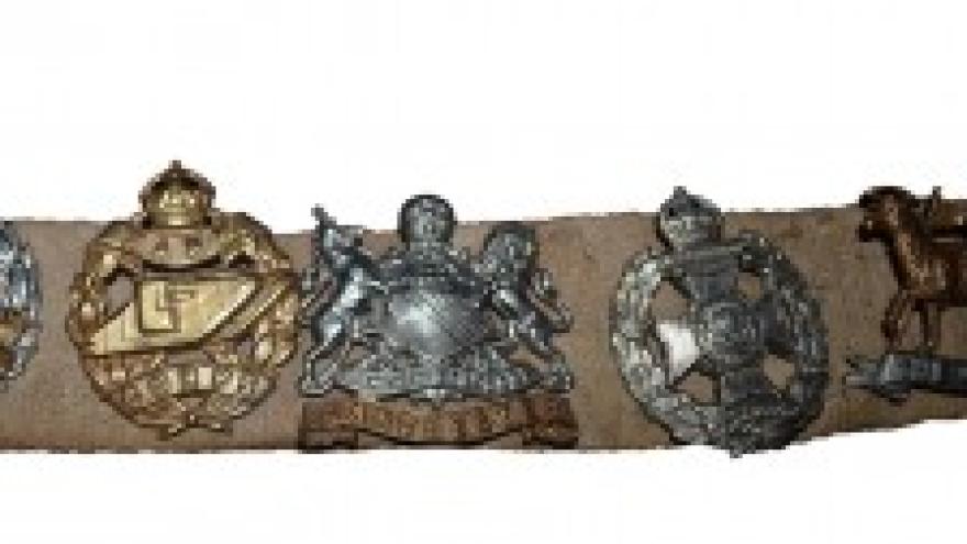 Several metal military badges on a cloth strip.