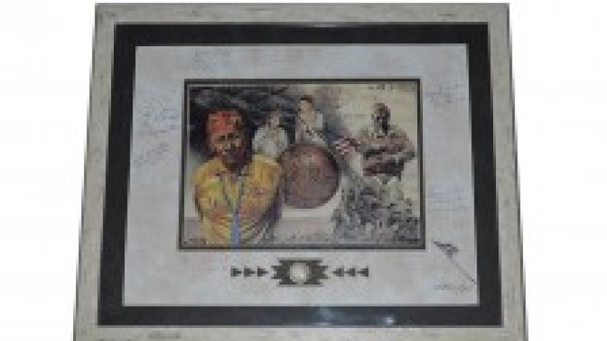 Framed artwork with three athletes and sports elements, set against a decorative background.