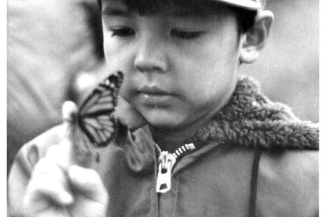 Child in cap observing butterfly on finger. Black-and-white photo.