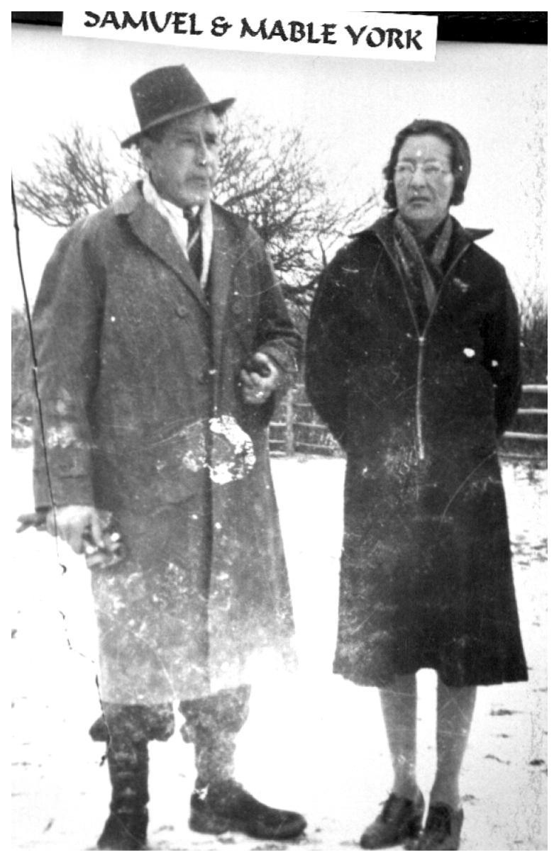 A man and a woman stand together in winter coats on a snowy day.