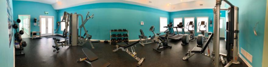 Gym with various exercise machines, teal walls, and large windows.